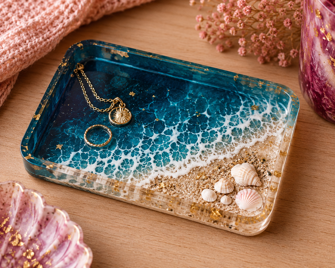 Handmade ocean resin jewelry tray from Heart & Hand Creations